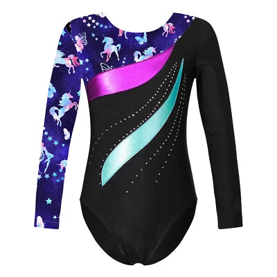 Kids Girls Gymnastics Leotards Printed Sparkle Dance Ice Skating Dancewear - Image 1 of 4
