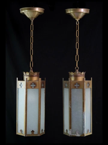 Pair of 1950s Brass Patina Gothic Pendant Lights Cover