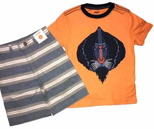 Gymboree Boys Orange Baboon Size 5 T-Shirt Striped Shorts New With Tags - Picture 1 of 5