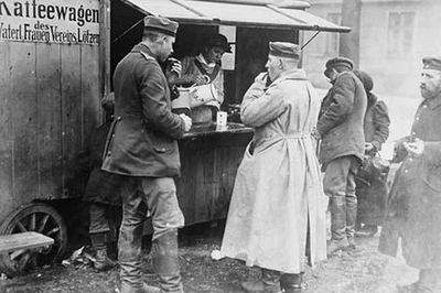 Husband & Wife Coffee Vendor serves German Soldiers Poster Print - Image 1 of 2