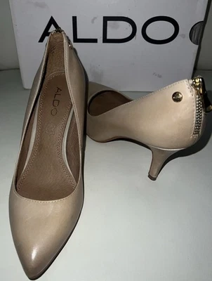 Aldo Women Leather Brasilia Nude Pumps Stiletto Heels Gold Back Zip Slip On Sz 6 - Image 1 of 4