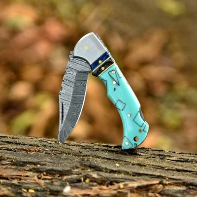 Best Custom Handmade Damascus Steel Pocket Folding Knife Lockback With Sheath - Image 1 of 4