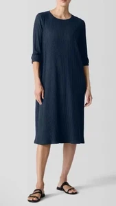 Vestido Eileen Fisher Azul Acanalado Manga Larga Talla L, NUEVO SIN ETIQUETAS - Imagen 1 de 8