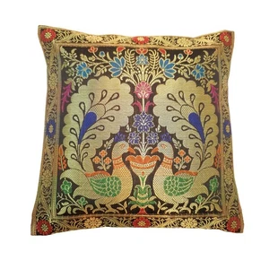 12x12 Inch Cushion Covers Black Indian Banarasi Woven Peacock Zari Brocade Silk - Picture 1 of 9