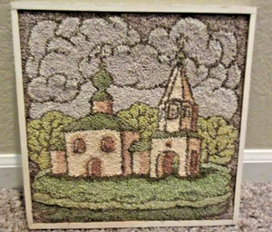 Hooked Rug Art Ukrainian Churches Muted Colors 10.75" x 10.75" Framed EUC - Picture 1 of 5