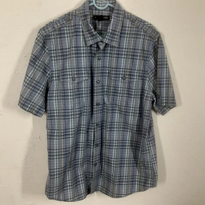 Structure Adult Mens XL Gray Blue Plaid Short Sleeve Button Up Shirt 100% Cotton - Image 1 of 4