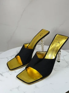Vintage Giuzeppe Zanotti Vicini Mules Pearls Heel Open Toe size 39 EU Black - Picture 1 of 24