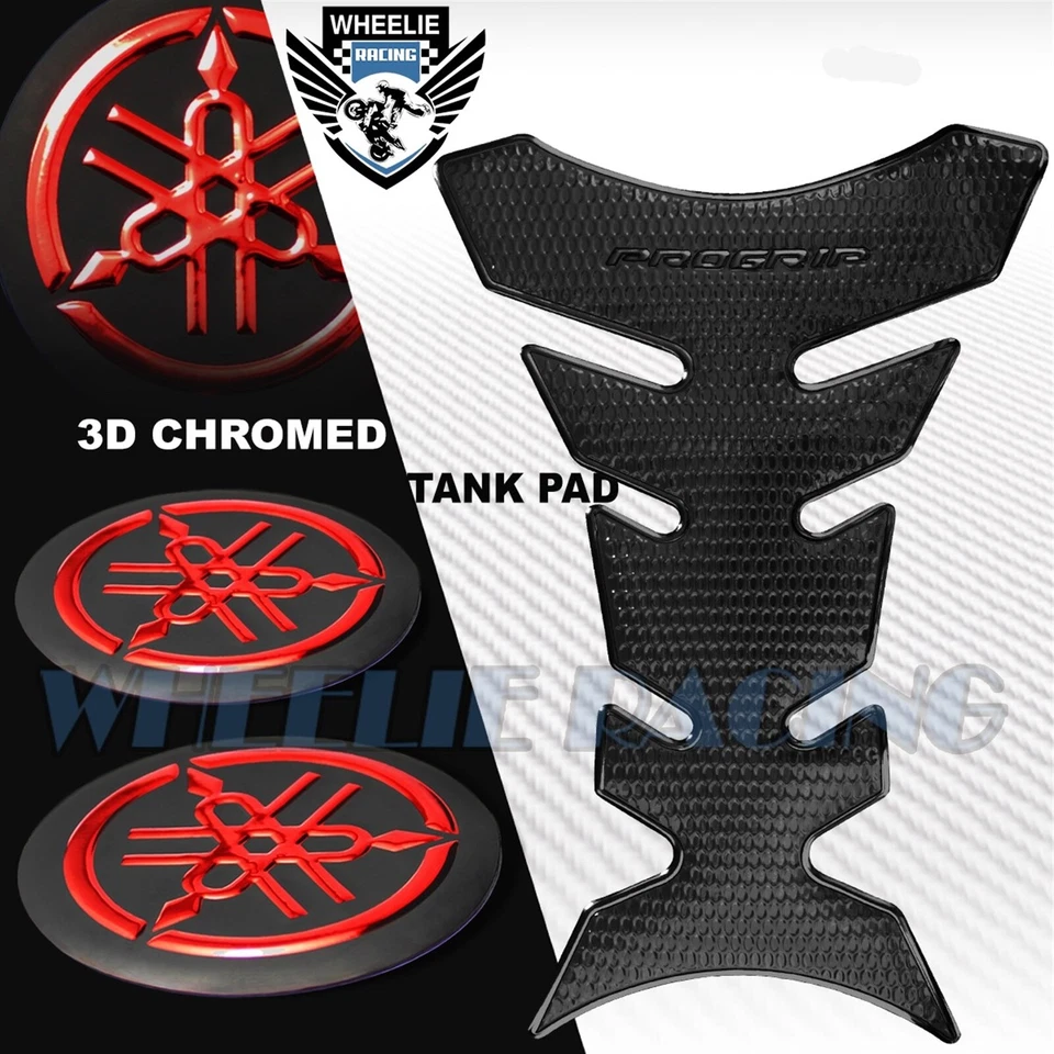PERFORATED BLACK PRO GRIP FUEL TANK PAD+2" 3D YAMAHA LOGO FAIRING EMBLEM STICKER - Image 1 of 4