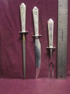 JUEGO DE CUCHILLOS TALLADOS DE CARNE 3 piezas Lunt Sterling William And Mary 10 1/4" horquilla 8 1/2" Foto 1 de 3