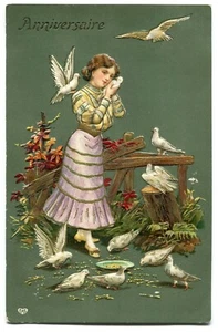 CPA - Carte Postale - Fantaisie - Anniversaire - Jeune Fille et Oiseaux - 1910 ( - Picture 1 of 2