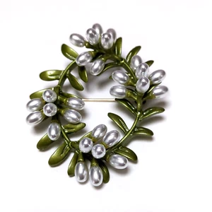 Silber Beerenkranz Brosche Anstecknadel emailliert & Perlenimitat Art Deco Stil Neu - Bild 1 von 7