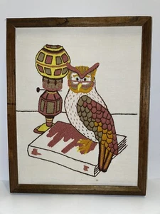 Vintage 12 X 15” Framed Embroidered Owl Mid Century Modern Needlework 1976 - Picture 1 of 8
