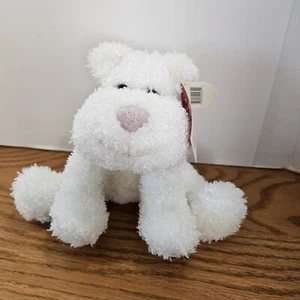Fluzzy White Plush Dog Red Bow By Russ Berrie Has tags #22432 Vintage Christmas - Picture 1 of 6