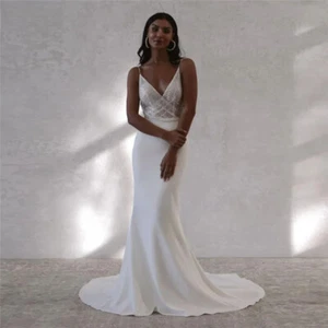 Elegant Mermaid Wedding Dresses V-Neck Backless Shiny Beaded Satin Bridal Gowns - Picture 1 of 8
