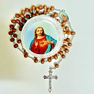 Lange große Perle Rosario de Madera Holzkette Jesus Kreuz großer Wandrosenkranz gesegnet - Bild 1 von 3