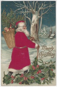 1910 Navidad de seda Santa Claus caminando por la nieve, postal de saludos - Imagen 1 de 2