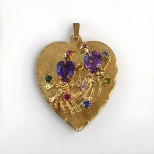 Colgante Corazón Oro Amarillo 14K Con 2 Pájaros, Love Birds, Piedras Púrpura - Imagen 1 de 7