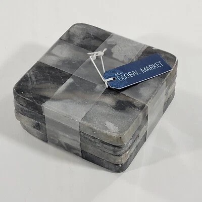 Juego de 4 posavasos cuadrados gris mármol negro pesado 4" x 4" The Global Market nuevos con etiquetas Foto 1 de 4