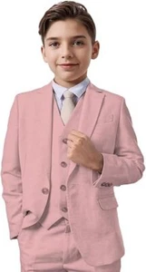 Boys Linen Suit 3 Piece Formal Slim Fit Beach Wedding Boys Tuxedo Summer Set - Picture 1 of 35