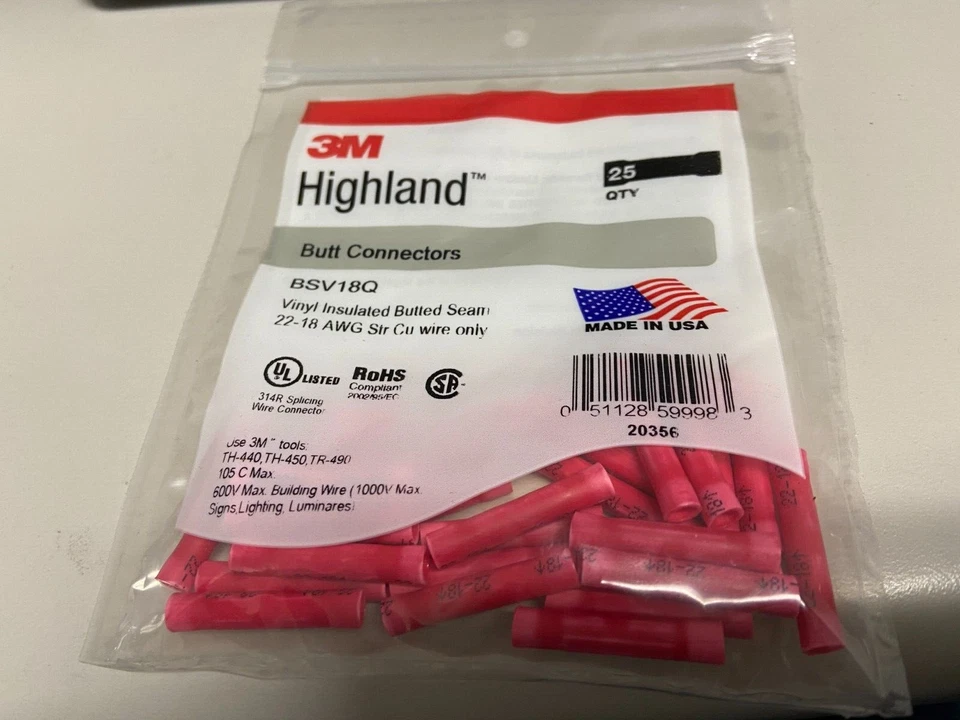 3M  BSV18Q Vinyl-Insulated Butted-Seam Butt Connector 22-18 AWG Red 25PK - Image 1 of 1