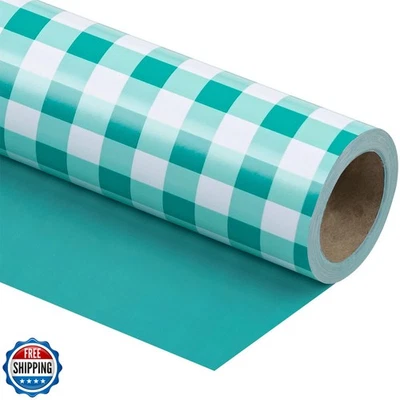 WRAPAHOLIC 30 Inch Reversible Wrapping Paper Roll - Teal and White Plaid Desi - Image 1 of 4