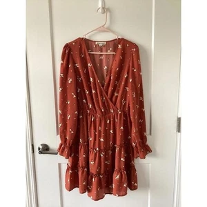 Terracotta Floral Wrap Dress Long Sleeve Ruffle Hem Lightweight Size L - Picture 1 of 13