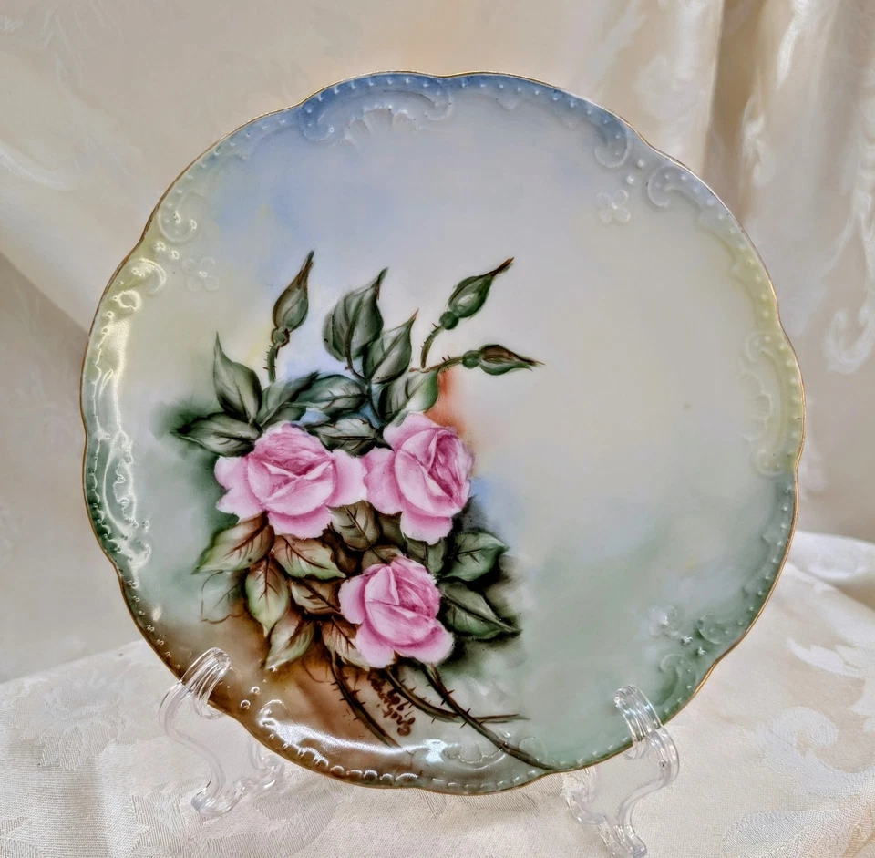 Antiguo Plato Bassett Austria Limoges 1907 Pintado a Mano Rosas Rosas Firmado 7 5/8" Foto 1 de 4