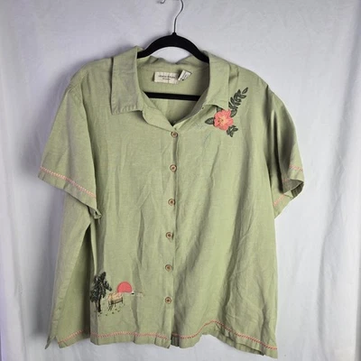 Camisa feminina Lemon Grass 22W aplique bordada com miçangas vintage Coastal Vacay - Imagem 1 de 4