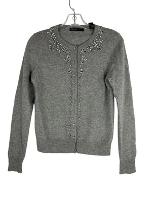 Lord & Taylor 100% 2ply Cashmere Cardigan with Embellishments in Grey Size M - Image 1 of 4