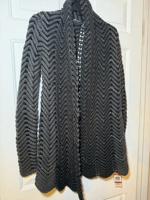 INC 女式开放式编织针织开衫 XS 黑色灰色和银色闪亮纱线全新带标签 — 第 1/4 张图片