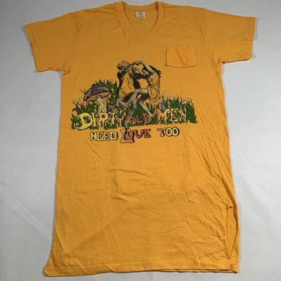 VTG 80s Dirty Old Men Need Love Too T-Shirt Medium Pocket Dress Magic Mushroom - Image 1 of 4