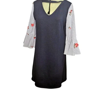 Womans AGB tunic pinstripe 3/4 sleeve rose embroidered navy/blue midi dress M - Picture 1 of 10