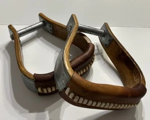 Wooden Stirrups Metal Banding Leather & Rawhide Laced For Western Saddle Horse - Picture 1 of 6