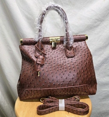 NEW! Lock & Key Ostrich Print Embossed Faux Leather Shoulder/Handbag Satchel Bag - Image 1 of 4