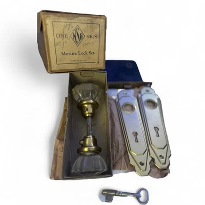 Vintage N.S. Company Mortise Lock set 53GS with Parts Key & Box Round Clear  - Image 1 of 4