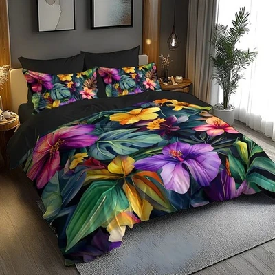 Tropical Flower Leaves Duvet Quilt Cover Bedding Set Queen Pillowcase - Image 1 of 4