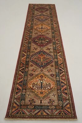 Alfombra de corredor tradicional afgana oriental kazaja marrón anudada a mano 3 x 11 pies Foto 1 de 4