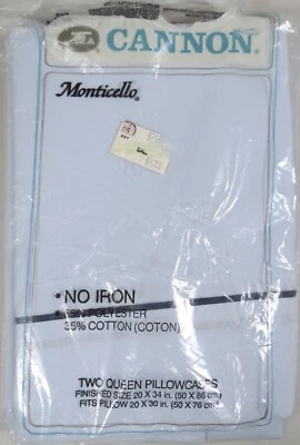 Cannon Monticello Queen Size Pillowcase Set 2 Pale Blue Navy Trim No Iron New - Image 1 of 2