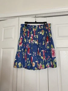 Valentino Spa Size 10 Blue Floral Pleated Silk Skirt A-line Flare Knee Length - Picture 1 of 5