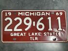 Vintage 1969 TRAILER License Plate Michigan Great Lake State Red #229-611