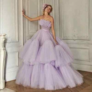 Purple Strapless Tiered Evening Gowns Dresses Sleeveless Party Prom Floor Dress - Picture 1 of 12
