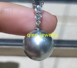 18" Nice AAAA 12mm Perfect Round Tahitian Gray Shell Pearl Pendant Necklaces - Picture 1 of 6