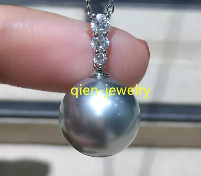 18" Nice AAAA 12mm Perfect Round Tahitian Gray Shell Pearl Pendant Necklaces - Image 1 of 4