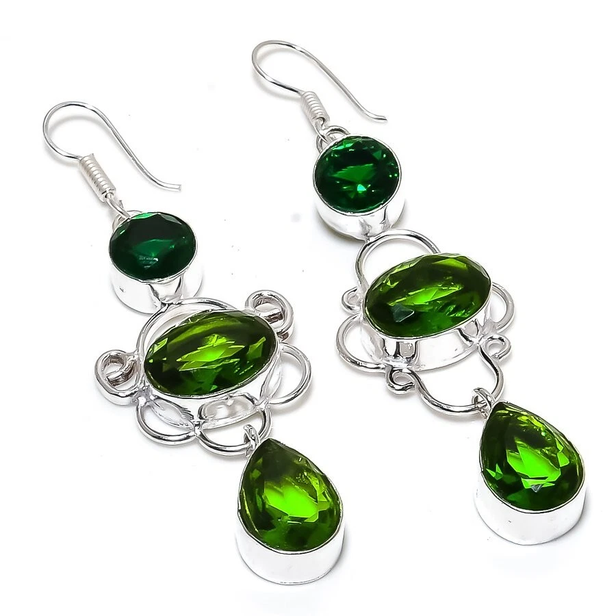 Green Peridot Gemstone Handmade 925 Sterling Silver Jewelry Earring Size 2.4'' - Image 1 of 1