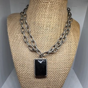Collar Gargantilla Cadena Gruesa Declaración Colgante Piedra Negra Tono Plata Joyería - Imagen 1 de 2