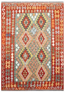 191 x 137 cm Wool Area Rug Carpet Handmade Kilim Red Natural Braided Rustic Look - Picture 1 of 6