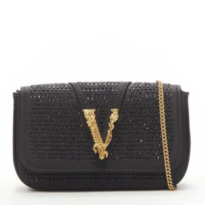 VERSACE Virtus Barocco black crystal embellished flap crossbody clutch bag - Image 1 of 4
