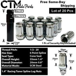 20 Chrome 1.4" Tall 1/2-20 Spline Tuner Wheel Lug Nut+Key Jeep Dodge Jaguar More - Picture 1 of 6