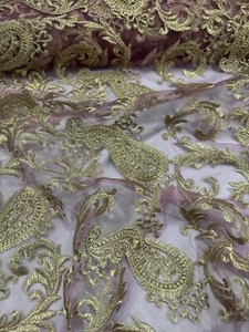 1 mtr dusty pink paisley embroided bridal tulle net fabric..52”wide - Picture 1 of 7