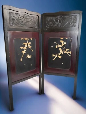 Japanese Shibayama Small 2 Panel Folding Screen 35x30" Carved Wooden Chinoiserie - Image 1 of 4